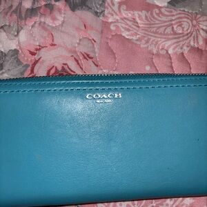 Coach Turquoise Zip Wallet with Silver Logo